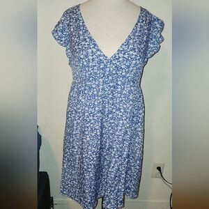 Shein Womans L Blue White Floral Bell Ruffle Sleeve Dress